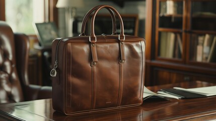 Sleek leather briefcase on a desk. - 772845157