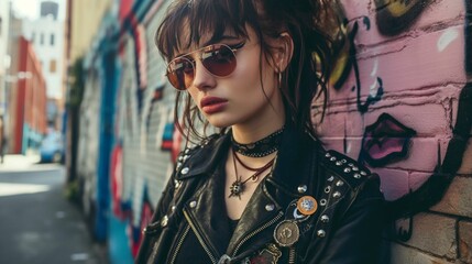 Street-style woman in a leather jacket and sunglasses.