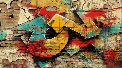 Vibrant graffiti on a decayed brick wall. - 772845177