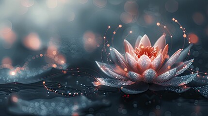 Clean graphic of a lotus flower opening to reveal a digital core, on a digital bloom background, concept for the unfolding of digital innovations in nature focused businesses. - obrazy, fototapety, plakaty
