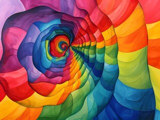 An abstract silk painting with a vibrant rainbow spiral creating an illusion of depth and movement.