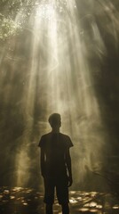 Person standing in forest with sun rays piercing through mist