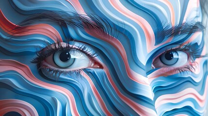 An engaging image capturing a human eye amidst flowing abstract wavy patterns in calming shades of blue and pink. - obrazy, fototapety, plakaty