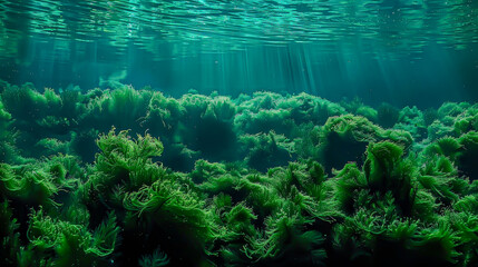 Fototapeta na wymiar Underwater Seascape with Sunlight and Seaweed 