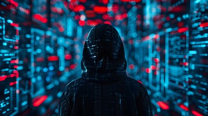 a person with a dark hoodie standing in a server room for hacking the cybersecurity