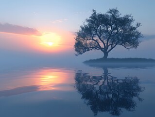 Reflected in the still waters of a misty lake, a solitary tree stands under the soft hues of a sunrise sky, forming a serene and symmetrical natural tableau.