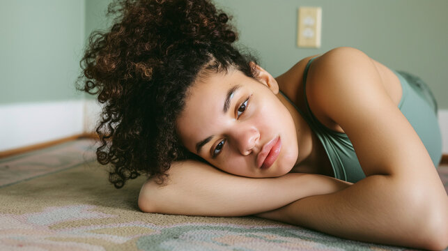 Retrato de mujer joven gordita tumbada en el suelo