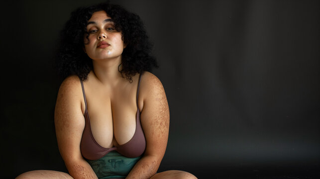 Retrato de mujer joven gordita sentada en el suelo