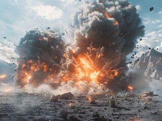 A powerful explosion erupts in a mountainous landscape, sending a cloud of smoke and debris into the air, depicted in high detail.
