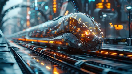 A sleek, futuristic autonomous vehicle glows with neon circuitry as it speeds along an illuminated, high-tech track.