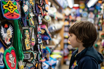 child looking at patches and appliqus in a crafts section
