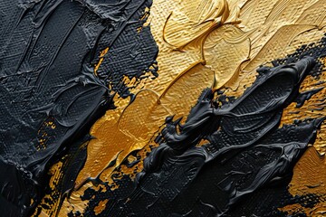 Closeup of rough gold black abstract oil acrylic painting texture with brushstroke and pallet knife on canvas