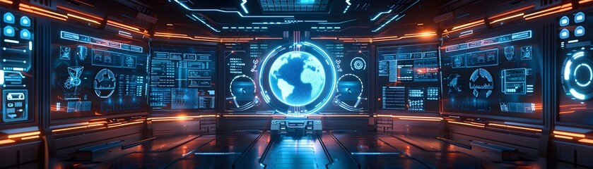 An advanced futuristic command center filled with holographic displays and interfaces, showcasing global data and analytics in neon blue. - obrazy, fototapety, plakaty