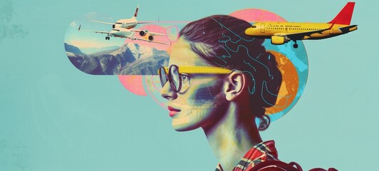Travel inspiration. A profile of a woman with glasses is superimposed with images of airplanes, a globe, and mountainous landscapes, symbolizing wanderlust and adventure against a teal background. - obrazy, fototapety, plakaty