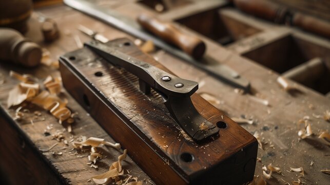 Close-up of woodworking tools on a workbench. A classic hand plane amidst wood shavings, with chisels and other carpentry tools in the background, embodying the craftsmanship of woodworking.