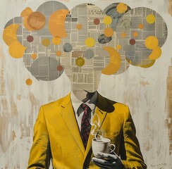 Surreal collage art of a man in a yellow suit. A whimsical composition of newspaper clippings and colorful circles, as he holds a steaming cup of coffee, blending vintage and modern aesthetics. - obrazy, fototapety, plakaty