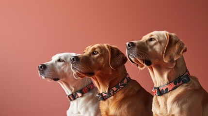 This heartwarming image features three Labrador dogs with colorful collars, looking upwards with...