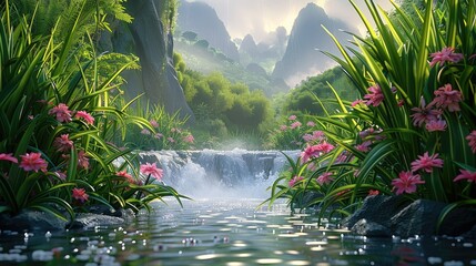 Tropical valley, bamboo, flower blooms, stream in the mountain. Generative AI.