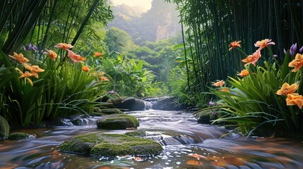 Tropical valley, bamboo, flower blooms, stream in the mountain. Generative AI.