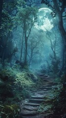 Mystical forest path under a full moon at night