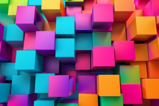 Colorful geometric cubes, abstract 3D shapes, vivid rainbow colors, modern art illustration