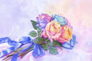 Colorful rainbow roses bouquet with blue silky ribbon on lilac background, watercolor illustration