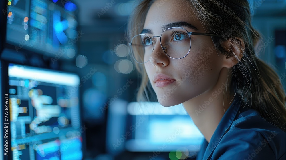 Leinwandbilder beautiful woman working in a high-tech computer lab. generative ai.