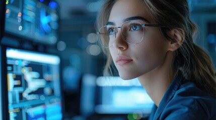 Beautiful woman working in a high-tech computer lab. Generative AI.