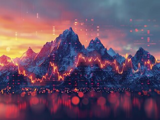 Explore the symbolic mountain range peaks resembling histograms on a business analysis background, illustrating data-driven market trend navigation. - obrazy, fototapety, plakaty