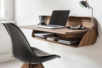  A minimalist floating desk attached to a wall, with hidden storage compartments and cable...