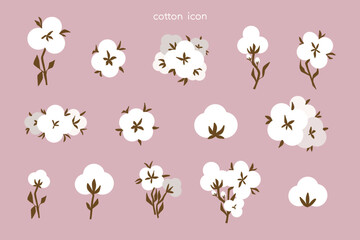 Cotton flower. Organic flowers. White balls with leaves. Textile symbol, pure plants. Blossom fluffy fiber on stem. Rustic trendy greenery cartoon flat isolated vector botanical illustration