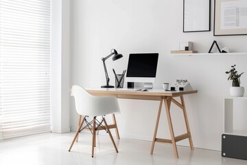 A minimalist Scandinavian-inspired desk setup with clean lines, natural wood finishes, and monochrome decor, exuding a sense of simplicity and sophistication, Generative AI