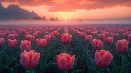 A clouds over a field of tulips foggy during sunrise. Generative AI. - obrazy, fototapety, plakaty
