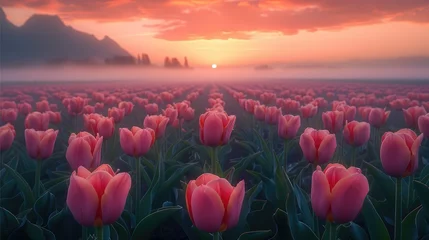 Foto op Plexiglas A clouds over a field of tulips foggy during sunrise. Generative AI. © visoot