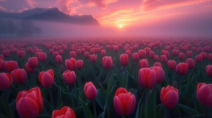A clouds over a field of tulips foggy during sunrise. Generative AI. - obrazy, fototapety, plakaty