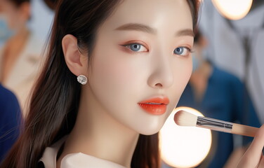 A beautiful Korean woman with clear, white skin and blue eyes looks at the camera while applying makeup with her powder brush. Close-up of face. Makeup, cosmetics, skin care model. Generative AI
