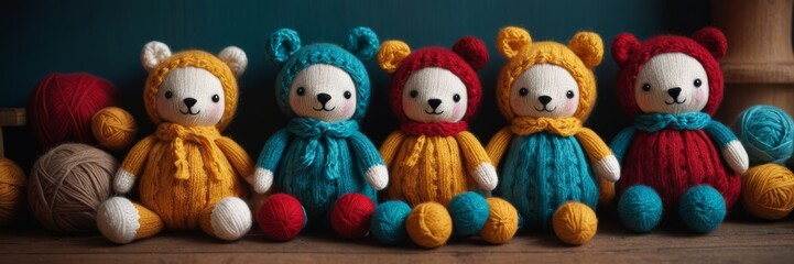 A row of five knitted teddy bears in colorful outfits. - obrazy, fototapety, plakaty