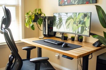 A minimalist standing desk setup with adjustable height features, ergonomic keyboard, and ergonomic chair, promoting health and wellness in the workplace, Generative AI