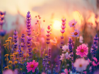 Wildflowers blooming at sunset with warm backlight. Summer nature and tranquility concept. Soft-focus close-up shot for greeting card design and environmental conservation themes ,generative ai