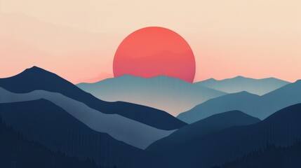 Minimalist mountain landscape with red sun