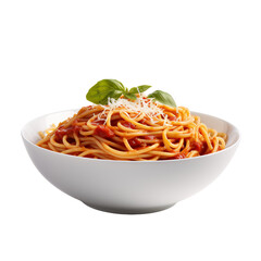 Spaghetti with tomato sauce and mozarella cheese on top, front view of a spaghetti on a white bowl 