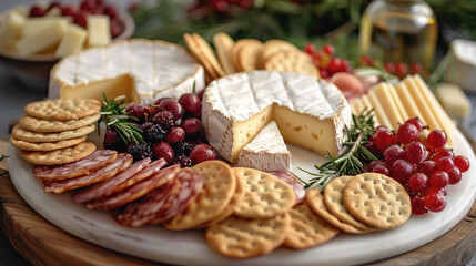 A platter of assorted cheeses and sausages with crackers and berries around. Generative AI.