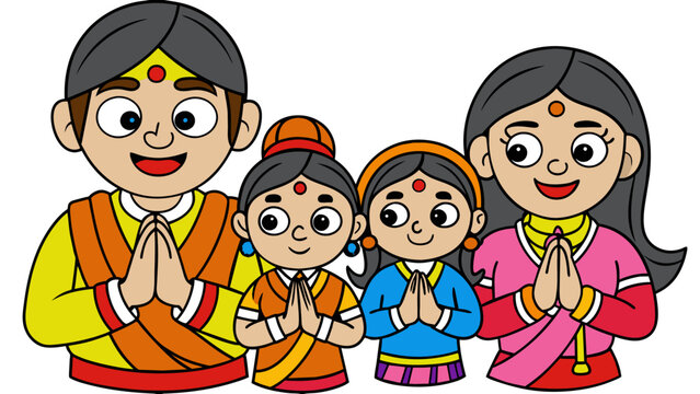 Divine Moments Hindu Family Praying Simple Flat Vector Illustration