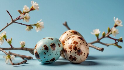 colorful small quail eggs with flowering branches on a light blue background - easter card background - spring design element - generative ai