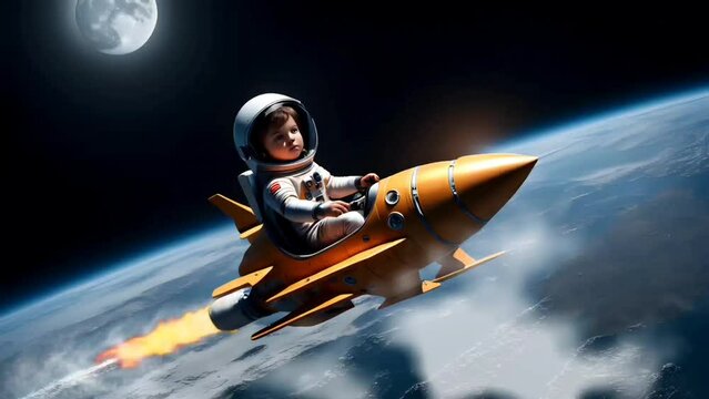 Little astronaut on rocket in the moon