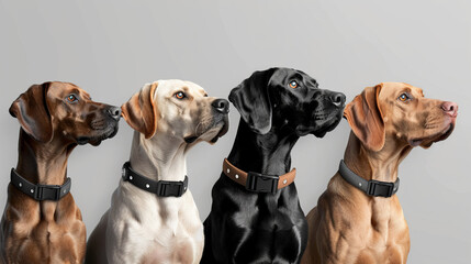 A studio image capturing four different breed dogs, sitting in a row with modern collars, looking to the side with an alert expression - Powered by Adobe