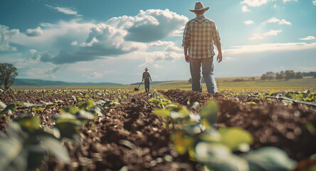 A farmers are walking forward with shovels at farmland. Generative AI.