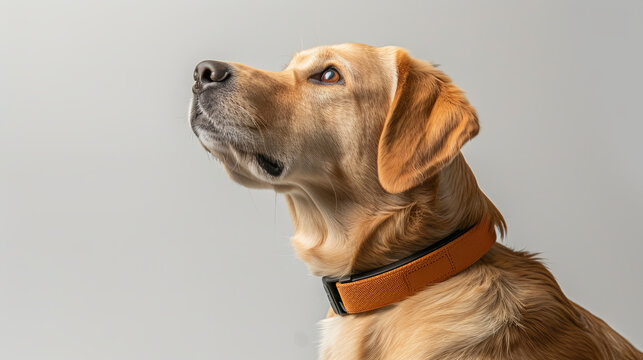 A captivating close-up image of a single Labrador dog wearing an orange collar, looking up with a hopeful expression