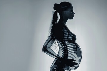 A pregnant woman's silhouette is seen through an X-ray. Utero. Roentgenogram. Pregnancy. X-ray photograph. Skeleton. Bones. Transparent. Human anatomy. Mother. Copy space. Fetus. Medicine. Gravid