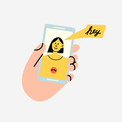 Smartphone communication. Hand hold phone. Chatting, video messages with family and friends. Device screen with people faces, facetime application, gadget cartoon flat isolated vector illustration